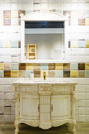 Interior of bathroom with sink basin faucet and mirror. Modern design of bathroomの写真素材