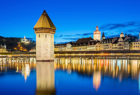 Panoramic view of city center of Lucerne with famous Chapel Bridge and lake Lucerne (Vierwaldstatersee), Canton of Lucerne, Switzerlandの写真素材