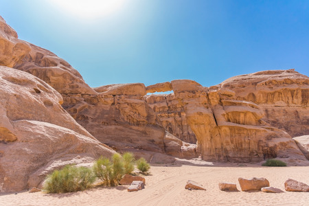 Scenic view of Um Fruth rock arch in Wadi Rum desert, Jordan.の写真素材