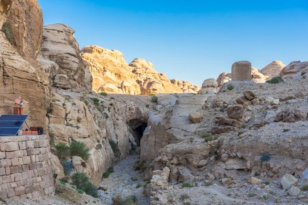 The Siq - narrow slot-canyon, entrance passage  Petra (Red Rose City), Jordan.の写真素材