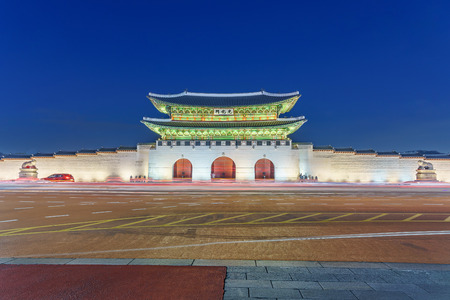 Gyeongbokgung palace twilight at night in Seoul, South Koreaのeditorial素材
