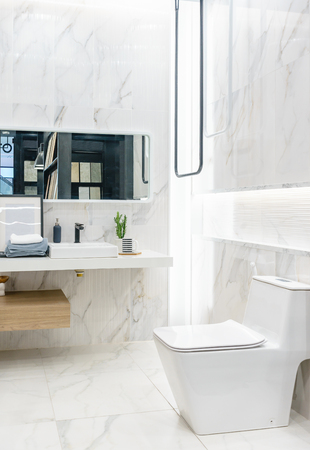 Spacious and bright modern bathroom interior with white walls, a shower cabin with glass wall, a toilet and faucet sinkの写真素材