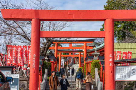 INUYAMA, JAPAN - JANUARY 18, 2020: Sanko Inari Shrine at Inuyama Castle in Aichi Prefecture, Japan on January 18, 2020. Aichi Prefecture is a prefecture of Japan located in the Chubu region.のeditorial素材