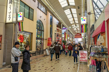 NAGOYA, JAPAN - JANUARY 18, 2020: Osu Kannon shopping street in Nagoya, Japan. one of the famous marketplace and shopping attractions in Nagoya City, with some tourists.のeditorial素材