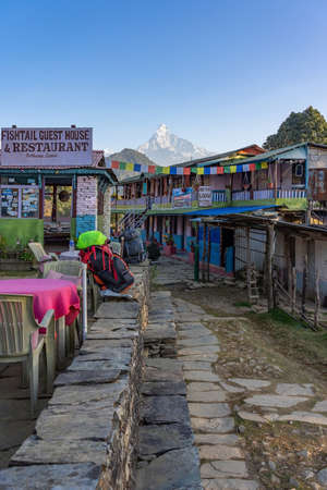 MARDI HIMAL, NEPAL - DECEMBER 30, 2019: View of Beautiful landscape of Himalaya Mountain Fishtail Machapuchare from Fishtail Guest house & Restaurantのeditorial素材