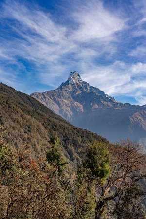 Machapuchare mountain ( Fishtail Mount) , Scenic viewpoint of Machapuchare mountain from upper viewpoint 4200 m. in Mardi Himal treking route in Annapurna Himalayas area near Pokhara ,Nepalの写真素材