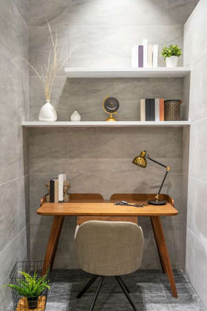 interior design for working area with lamp on black top desk, working space, working backgroundの写真素材