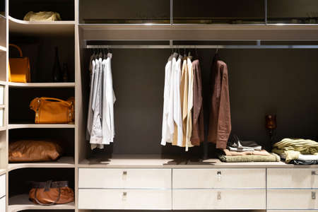 modern wooden wardrobe with women clothes hanging on rail in walk in closet, Scandinavian styleの写真素材