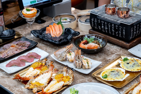 Various traditional Japanese food dishes on wooden table. Japanese cuisine.の写真素材