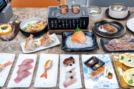Various traditional Japanese food dishes on wooden table. Japanese cuisine.の写真素材