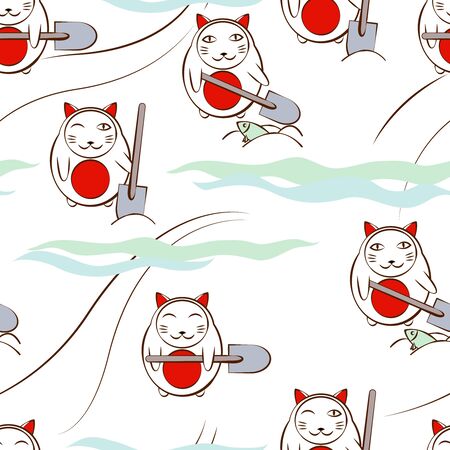 cat with a shovel seamless doodle pattern. vector illustration. Typography design elements for prints, cards, posters, products packaging, branding.のイラスト素材