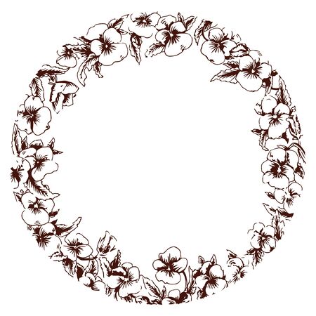 floral frame with violas for wedding invitations, greeting cards and business cards. Bright flower frameのイラスト素材