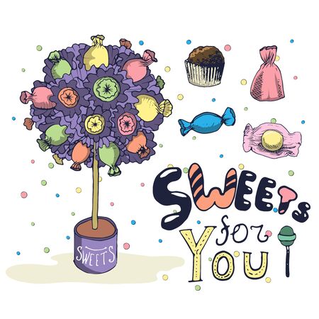 Hand drawn typography lettering on the candy set. Vector illustration for typography greeting and invitation card or t-shirt print designのイラスト素材