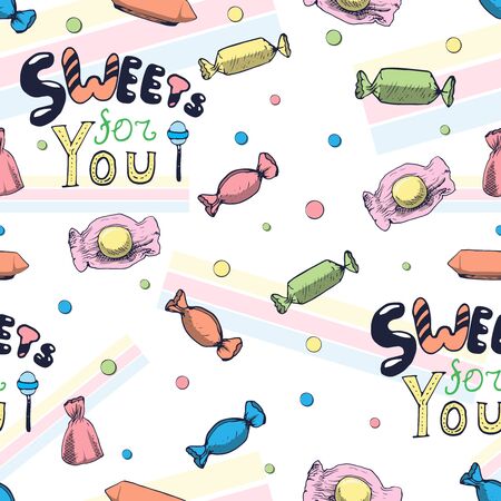 Hand drawn typography lettering on the candy seamless pattern. Vector illustration for typography greeting and invitation card or t-shirt print designのイラスト素材