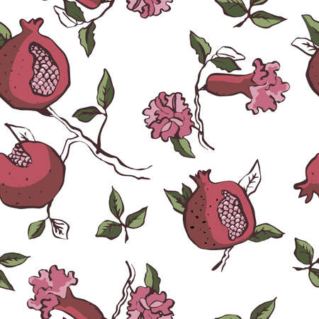 Vector frame with pomegranate branch with fruits and flowers on white. Romantic illustration for wedding invitation, birthday, fabric, healfy food, halal cosmetics, scrapbookのイラスト素材