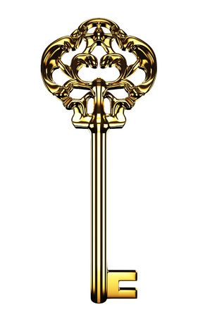 Old golden key isolated on white background.の写真素材