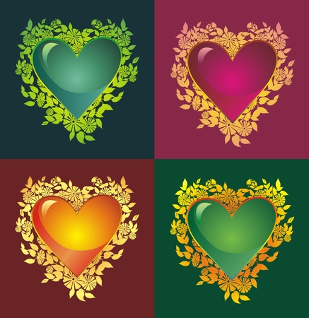 Colorful glossy hearts with flowersのイラスト素材