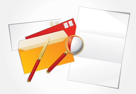 Vector illustration of magnifier, paper knife and layout letter.のイラスト素材