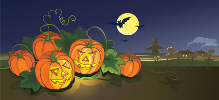 Scary Halloween illustration with pumpkins and scarecrow.のイラスト素材
