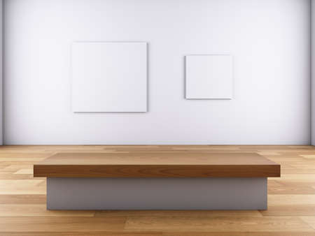 A 3D illustration of gallary of art with pictures on the wall and bench.の写真素材