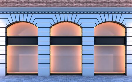 3D illustration of a classical empty storefront with the evening lighting.の写真素材