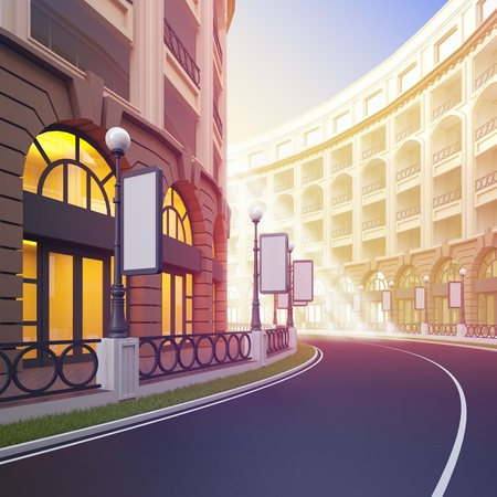 A 3d illustration of idyllic street retail with blank template billboards.の写真素材