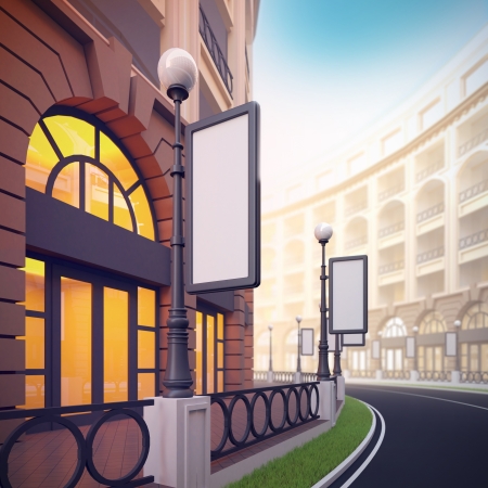 A 3d illustration of retail street with blank template billboards.の写真素材