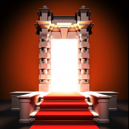 A 3d illustration of red carpet way to classical portal.の写真素材