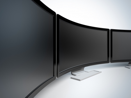 Monitors at white background. A 3d illustration blank template layout of curved wide monitors with black frame.の写真素材