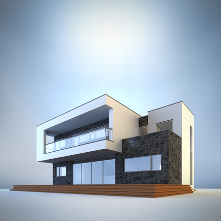 3d render illustration of template contemporary minimalist house at blue background. Empty copy space to place your text or logo.の写真素材
