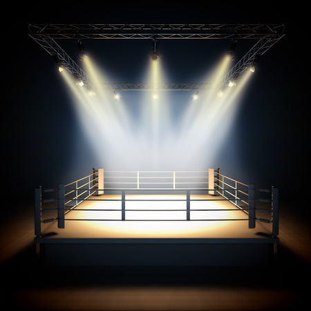 A 3d render illustration of empty professional boxing ring with illumination by spotlights.の写真素材