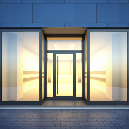 A 3d render illustration blank template layout of empty store facade with light interior from glass shop windows. Storefront surface empty to place your text, banner, placard, advertising or logo.の写真素材