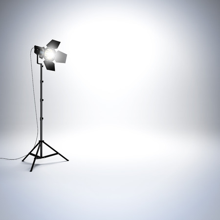 A 3d render illustration of white empty photo studio with professional flashlight. Free space empty to place your object,の写真素材