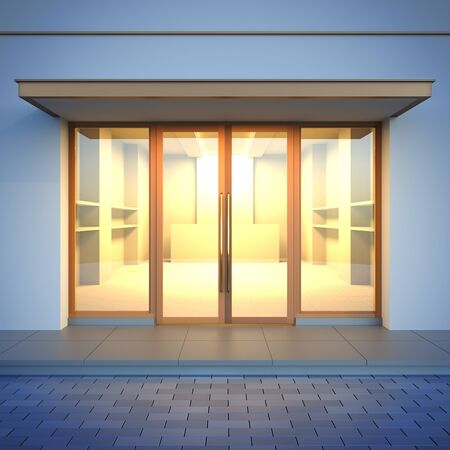 A 3d render illustration blank template layout of empty store facade with light interior from glass shop windows. Storefront surface empty to place your text, banner, placard, advertising or logo.の写真素材
