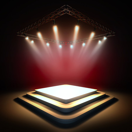 Mock up of blank template layout stage illuminated by spotlights. 3d render illustration. Copy space to place your text, object,の写真素材