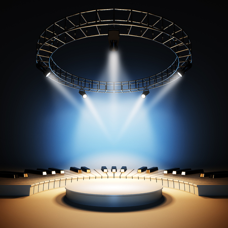 Mockup of blank template layout of white jazz or classic music stage illuminated by spotlights. 3d render illustration. Scener is empty to place your text,の写真素材