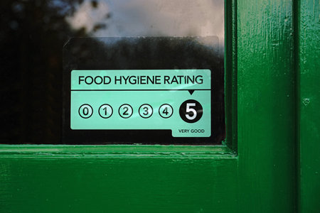 Very good food hygiene rating, faded sticker on old green door