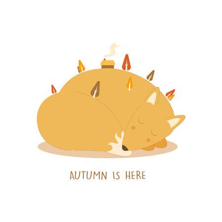 The sleeping fox is a symbol of Autumn. On the fox are yellow trees and a warm house. Autumn is here.のイラスト素材