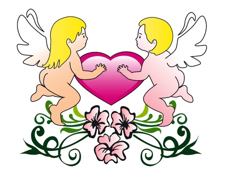 Two cupids with heart on a white backgroundのイラスト素材