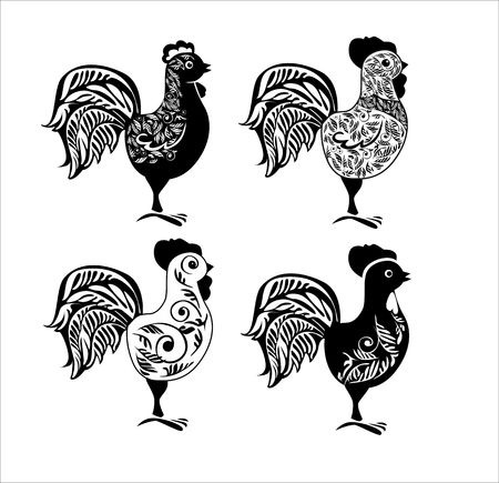Black silhouette of a rooster on white backgroundのイラスト素材