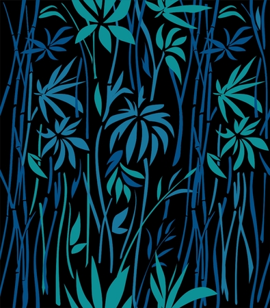 Pattern of bamboo thickets of green leaves and blue branches on a black backgroundのイラスト素材