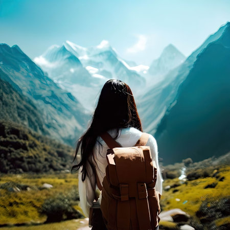 Young woman hiker with backpack looking at Himalaya mountains, Nepalの素材