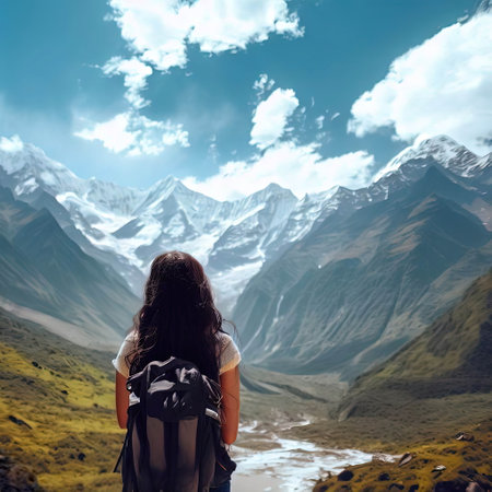 Hiking woman with backpack on the background of the mountains. Travel conceptの素材