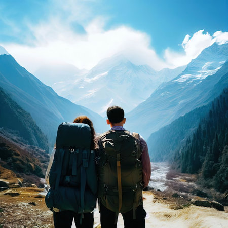 Hiking couple in Himalayas. Man and woman looking at the mountainsの素材