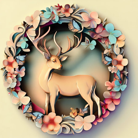Deer with floral frame. 3D illustration. Vintage style.の素材