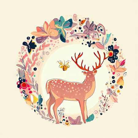 Hand drawn vector illustration of a cute deer with wildflowers, butterflies and flowers.の素材