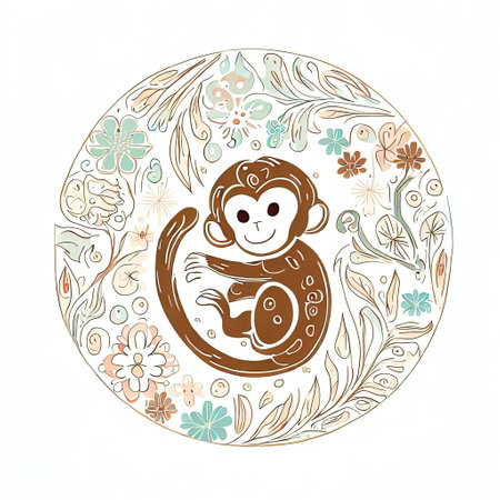 Cute monkey with flowers in the circle. Hand drawn vector illustration.の素材