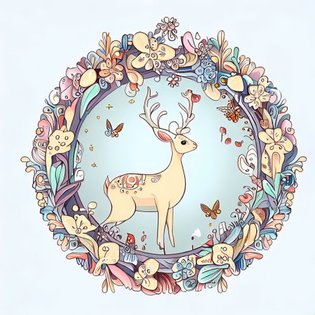 Round frame with cute deer, flowers and butterflies. Vector illustration.の素材