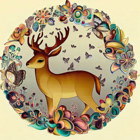 Circle frame with deer, flowers, butterflies and birds. Vector illustration.の素材