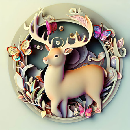 3D illustration of a beautiful deer in a circle with butterflies and flowersの素材